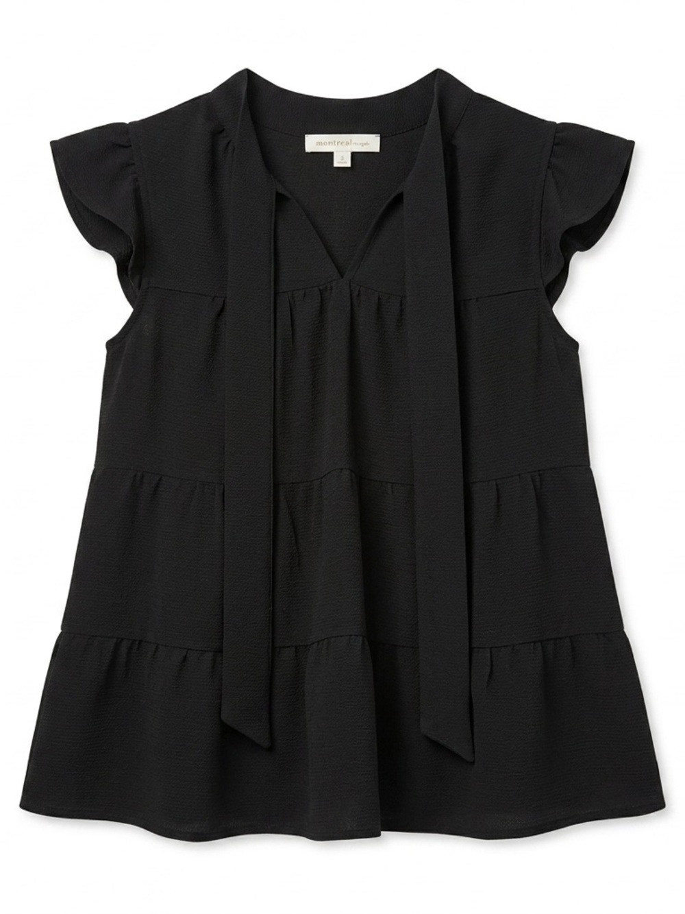 Monteau Boho Black Tie-Neck Tiered Cap Sleeve Babydoll Festival Blouse Medium